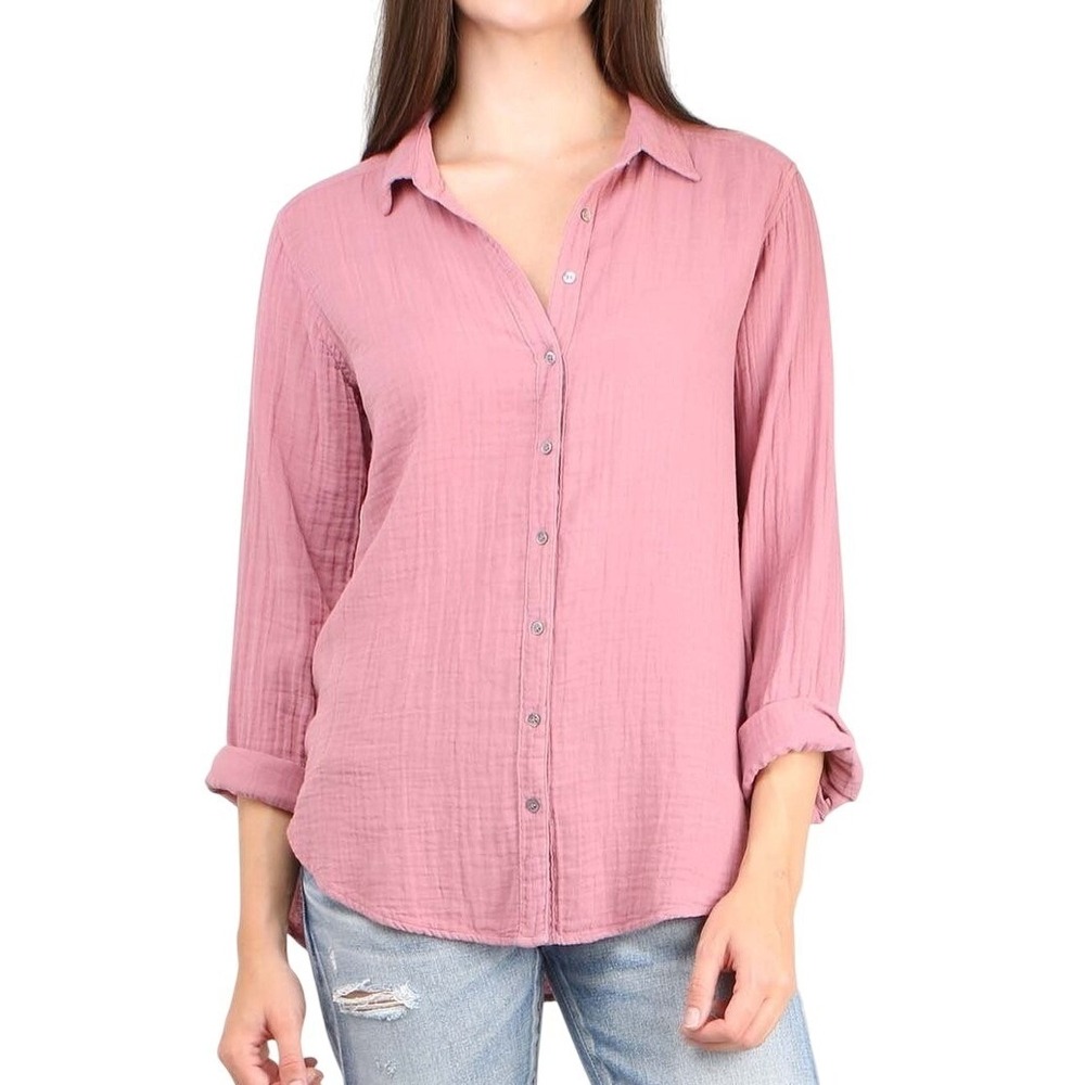$184 Xirena Scout Gauzy Button-Up Shirt Crinkle Cotton Long Sleeve Large Pink M